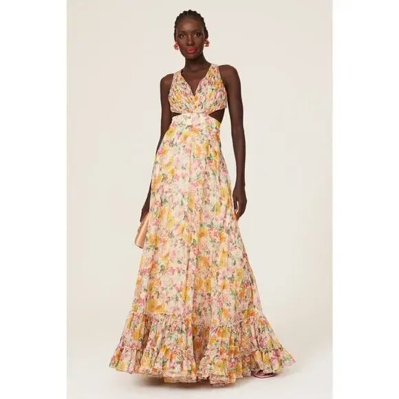 Mac Duggal 9174 Long Formal Multicolored Floral Print Chiffon Gown Dress Size 10